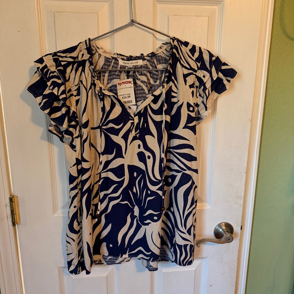 Rose & Olive Blue and Cream Blouse NWT
